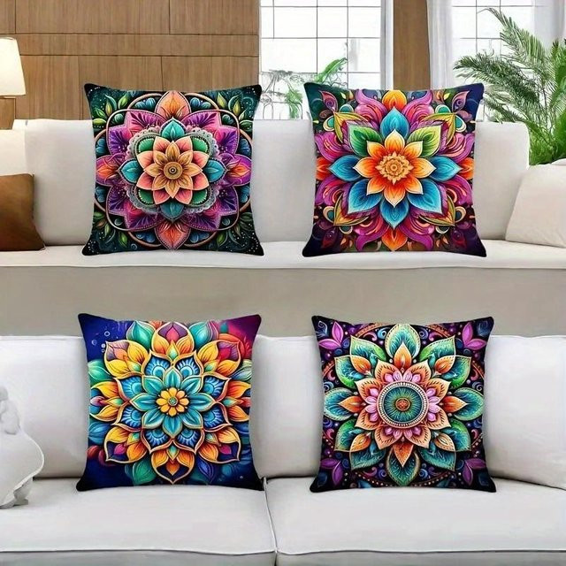 4er-Set Mandala Bohemian Kissenhüllen aus Plüsch, beidseitig bedruckt, Mehrfarbig, B/H: 40 x 40 cm - Bild 1