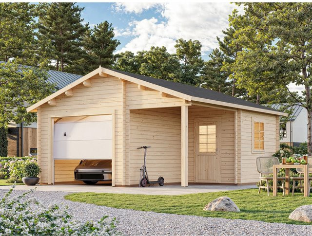 Palmako Holzgarage Roger aus Fichtenholz mit Sektionaltor und Satteldach in Beige, B: 510 cm, T: 550 cm, H: 321 cm - Bild 1