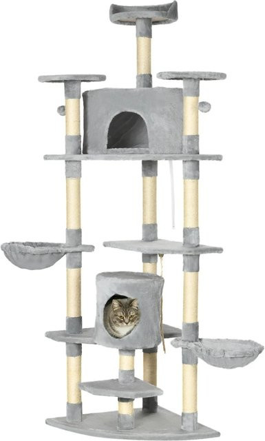 PawHut Katzenkratzbaum in Hellgrau mit Höhle, Hängematte und integriertem Spielzeug, B/T/H: 60 x 60 x 200 cm - Bild 1
