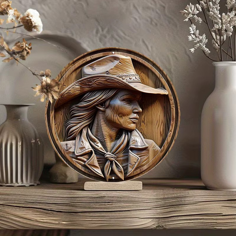 Potdemiel Rundes Cowboy-Kranzschild aus Aluminium in Braun mit 3D-Holzeffekt als Wanddekoration, Durchmesser: 20,3 cm - Bild 4