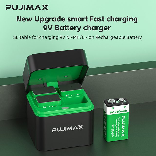 PUJIMAX 9V Ni-MH-Akkusatz mit Ladegerät und 4 Akkus mit 280 mAh für Gitarre, Mikrofon und Multimeter - Bild 1