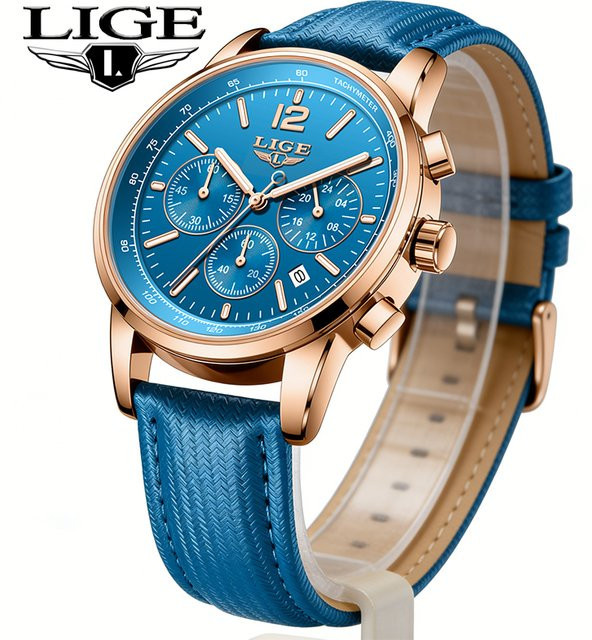 LIGE Armbanduhr Chronograph, Quarz, Leder, Blau, Roségold, Herren - Bild 1