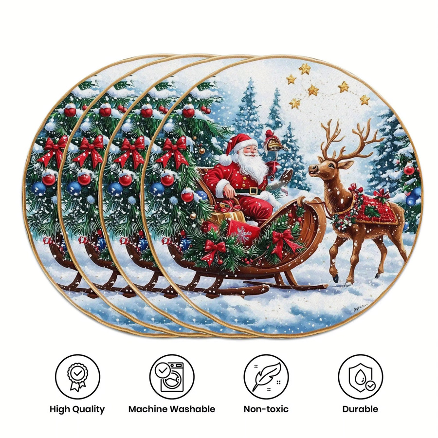 VIKAMA 4-teiliges Weihnachtsmann-Schlitten-Tischset aus Leinen mit Rentier und goldenen Sternen, rund, mehrfarbig - Bild 3