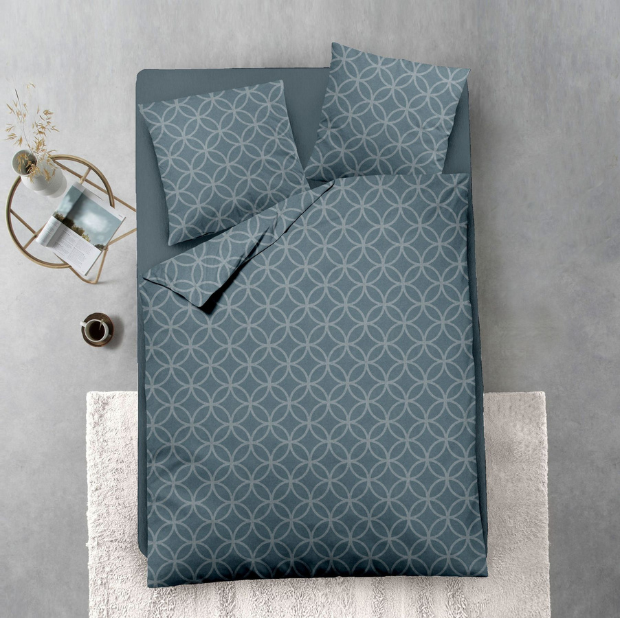 Dormisette Jacquard Flanell Bettwäsche aus Baumwolle mit Kreisen und Ringen in Petrol, B/H: 135 x 200 cm mit Kissenbezug 80 x 80 cm - Bild 1