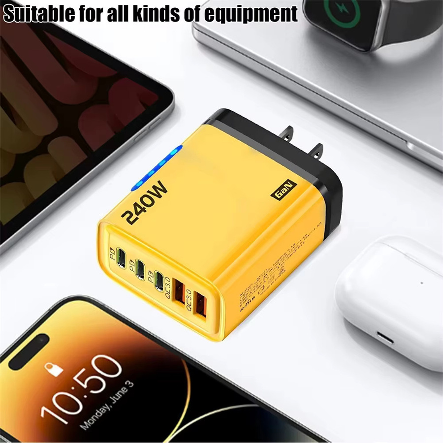 240W GaN-Schnellladegerät mit LED-Licht in Gelb, 5-in-1 Multi-Port-Ladegerät mit 2 USB und 3 Type-C Anschlüssen für iPhone 15-17 Serie, Samsung, Huawei und Xiaomi - Bild 5
