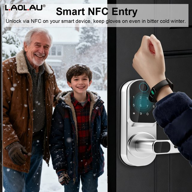 L.AOL.AU Wifi Smart Türschloss in Silber mit biometrischem Fingerabdruck, NFC, Passwort, Tastatur und USB-Notfallladegerät - Bild 1