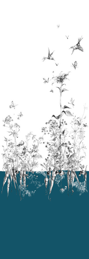 Edmond Petit Tapete Tournesol droit in Blau und Türkis mit floralem und botanischem Design aus Vlies - Bild 1