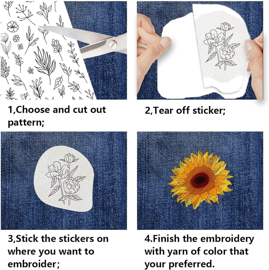 100 Stück wasserlösliches Stickpapier-Set mit Blumenmuster inklusive 12 farbigen Metallfäden und 16 Nadeln für deine DIY-Projekte - Bild 2