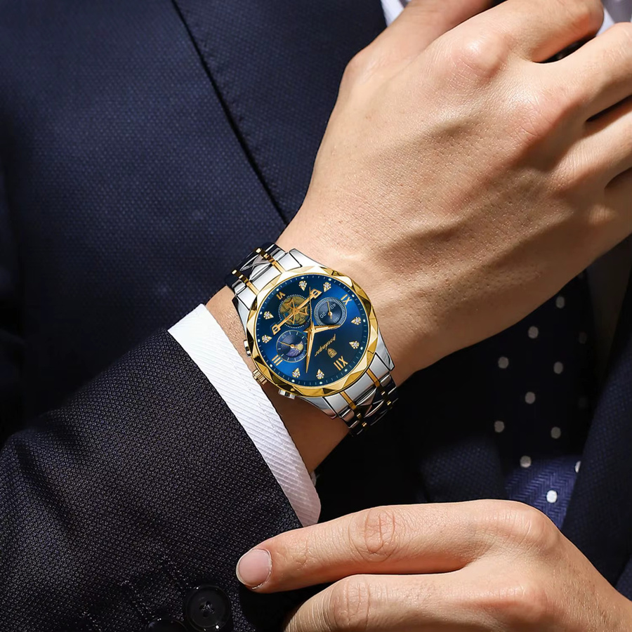 POEDAGAR Armbanduhr Chronograph, Edelstahl, Quarz, Blau, Herren - Bild 5