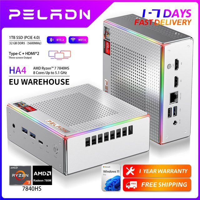 PELADN HA-4 Gaming-Mini-PC in Silber mit AMD Ryzen 7 7840HS, 32 GB DDR5, 1 TB SSD, WiFi 6 und RGB-Beleuchtung - Bild 1