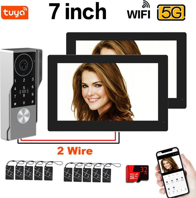 Tuya 5G WLAN Video-Gegensprechanlage-Set mit 7 Zoll Touchscreen, 2 Monitoren und Video-Türklingel in Schwarz - Bild 1