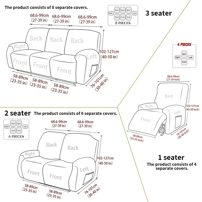 WANERQU Elastischer Sesselüberzug mit Seitentasche für 1/2/3-Sitzer Split-Relaxsofas, einfarbig und abnehmbar - Bild 2