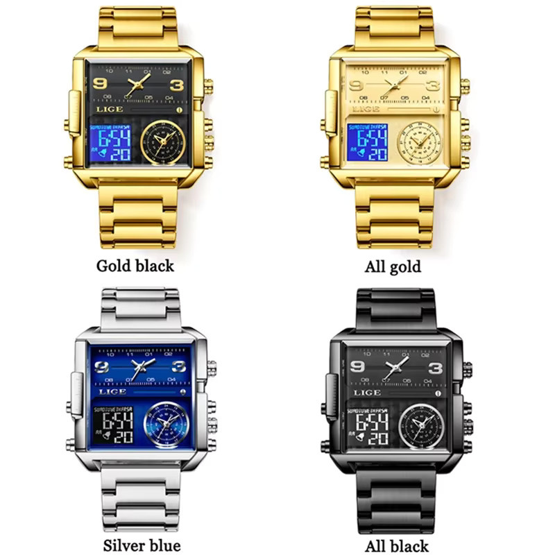 LIGE Armbanduhr, Quarz, Gold, Edelstahl, Eckig, Herren - Bild 6