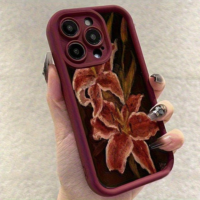 Rote TPU Handyhülle mit Vintage-Blumenmuster und Anti-Drop-Schutz für iPhone 11 bis iPhone 17 Pro Max sowie SE-Modelle - Bild 1