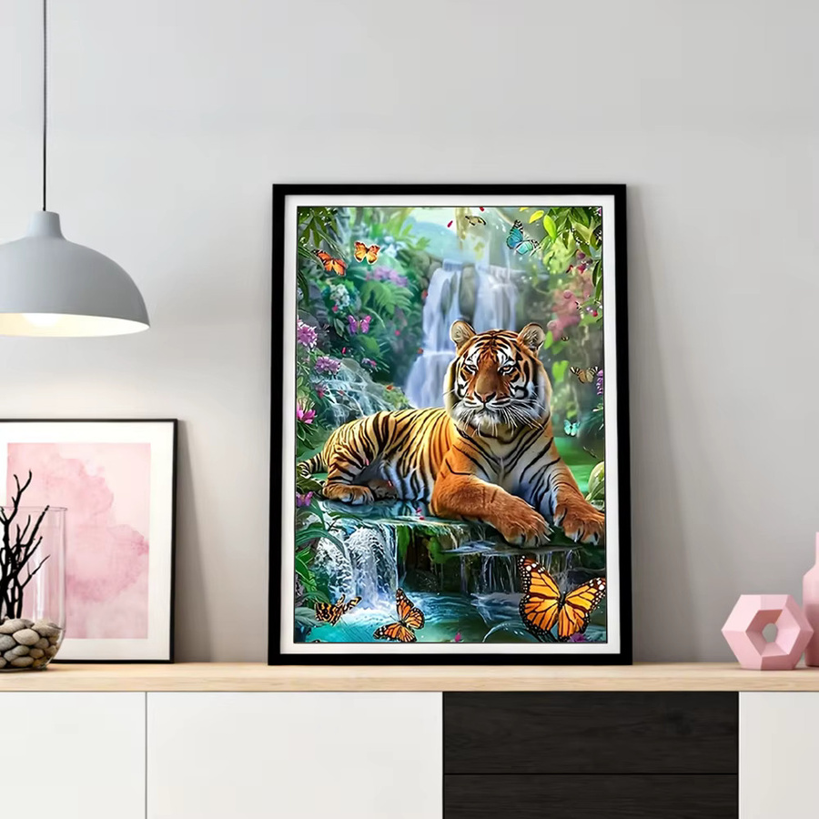HUACAN 5D DIY Diamant-Mosaik Tiger und Wasserfall Landschaft mit runden Steinen, Multicolour, B/H: 30,0 x 20,0 cm - Bild 2