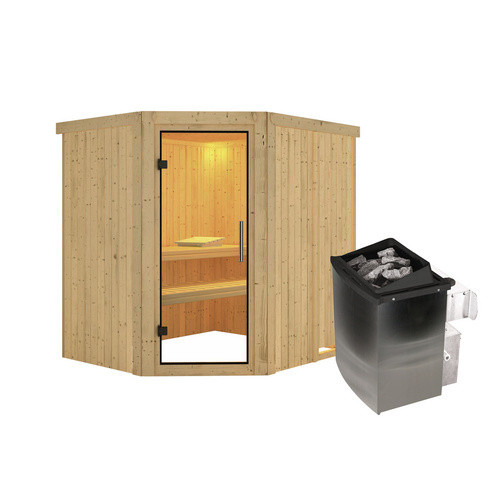 Karibu Sauna Maardu aus Fichtenholz in Beige inklusive 9 kW Saunaofen mit integrierter Steuerung für 3 Personen, B/T/H: 198 x 170 x 196 cm - Bild 2