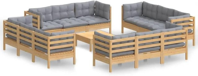vidaXL 13-tlg. Garten-Lounge-Set aus Kiefernholz mit grauen Polstern in Braun-Grau - Bild 1