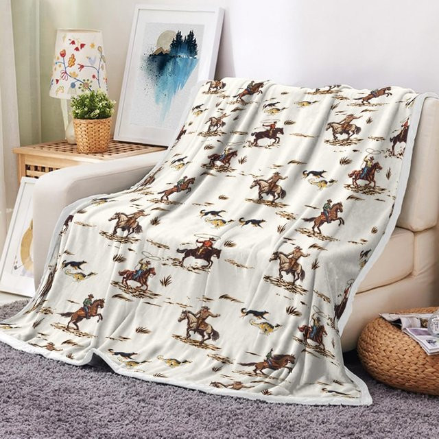 JMG Household Supplies Westliche Cowboy-Decke aus Flanell in Blau mit Vintage-Pferdemotiv, B/H: 70 x 100 cm - Bild 1
