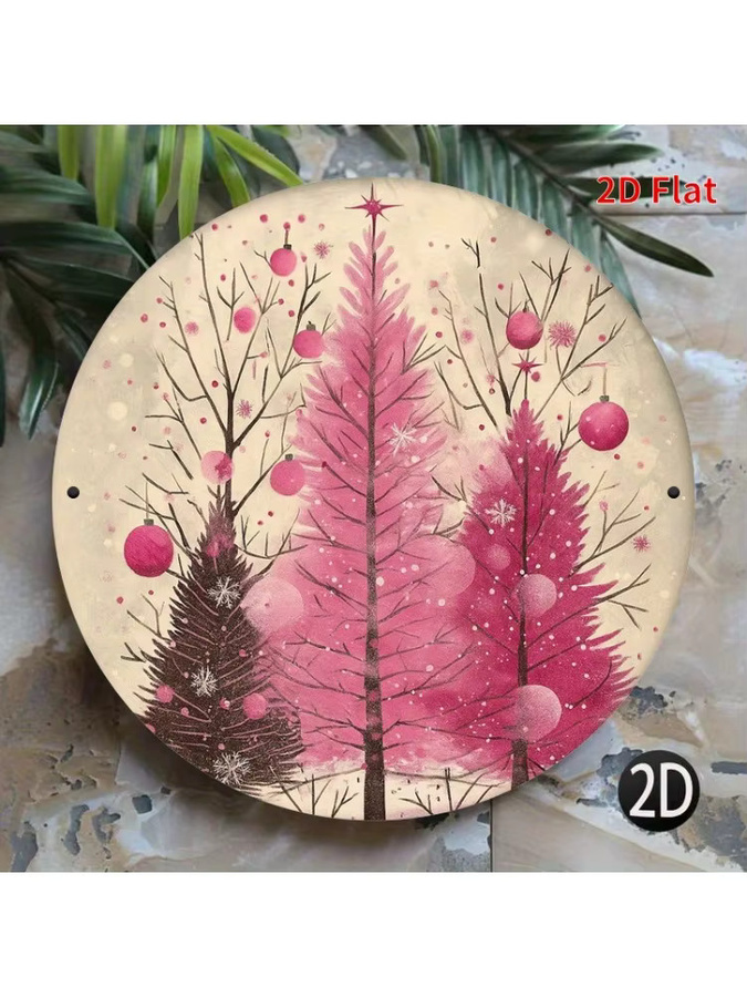 Potdemiel Rundes Metallschild Weihnachtsbaum Rosa mit Schneeflocken und Ornamenten als Wandkunst im Landhausstil Durchmesser: 20 cm - Bild 3