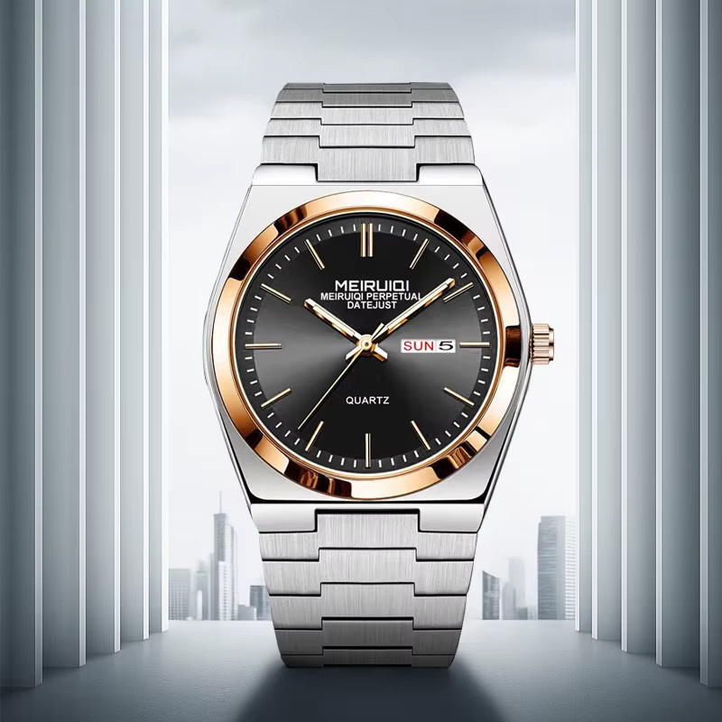 MEIRUIQI Armbanduhr Quarz, Edelstahl, Bicolor, Schwarz, Herren, Datum - Bild 3