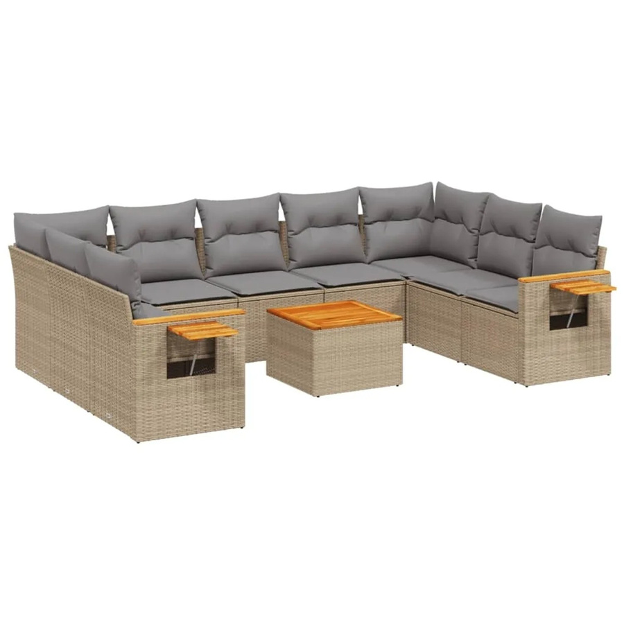 vidaXL 10-tlg. Garten-Sofagarnitur in L-Form aus Polyrattan und Akazienholz mit Kissen, Beige - Bild 2