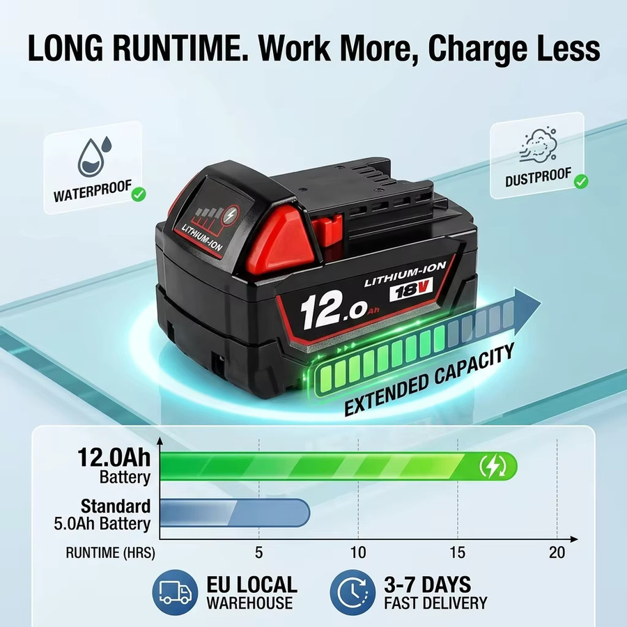 Ddadache Ersatz-Lithium-Ionen-Akku 18V 12000mAh kompatibel mit Milwaukee M18 Akku-Werkzeugen Modell 48-11-1890 und 48-11-1850 - Bild 3