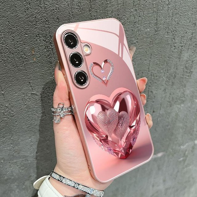 Exquisite Handyhülle mit rosa Herzmuster für Samsung Galaxy S25 FE S24 S23 S22 S21 Ultra Plus mit integriertem Glas - Bild 1
