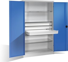 C+P Schwerlastschrank mit Drehtüren, 3 Böden und 3 Schubladen, Korpus Lichtgrau, Front Lichtblau, H x B x T: 195 x 120 x 50 cm - Bild 1