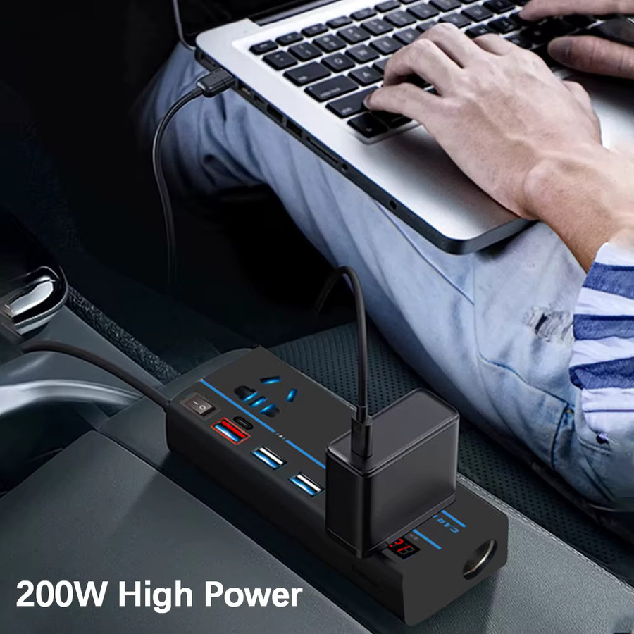 Auto-Wechselrichter DC 12 V/24 V zu AC 110 V/220 V Konverter mit 8 Ports, 200 W, USB PD Typ-C Ladegeräte, Schwarz - Bild 3