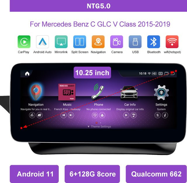 Road Top Android 11 Touchscreen Autoradio mit GPS, Carplay und Android Auto für Mercedes Benz W205 GLC C V-Klasse W447 GLA CLA (2015–2019), Schwarz - Bild 1