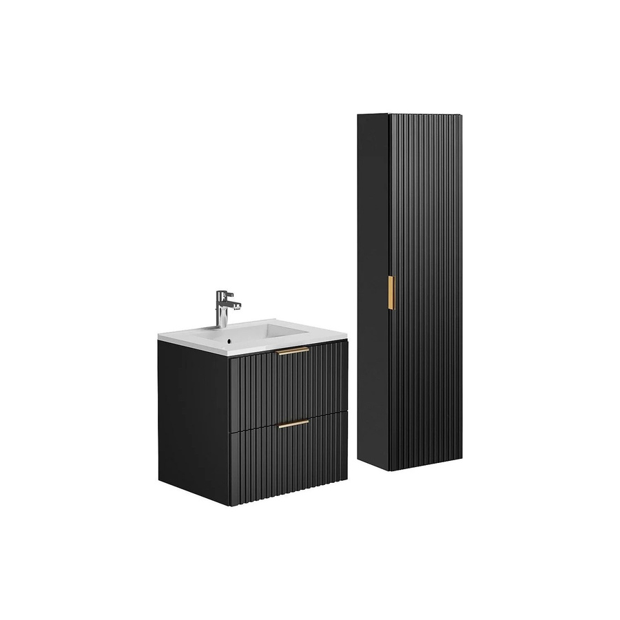 Vente-unique Badmöbel-Set Zevara im Art-déco-Stil mit Waschtisch und Hochschrank, Schwarz matt, Breite: 60 cm - Bild 2