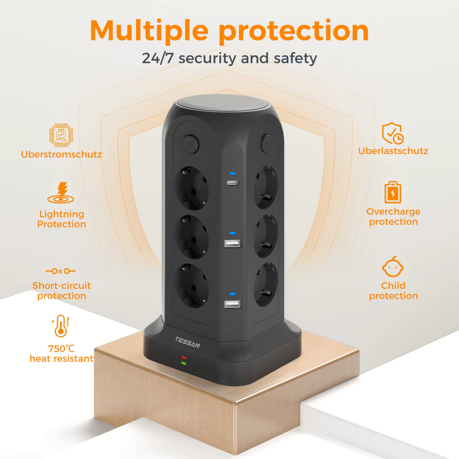 TESSAN Multi-Tower-Steckdosenleiste Schwarz mit 12 Steckdosen, 4 USB-A, 2 Typ-C und Überspannungsschutz - Bild 4