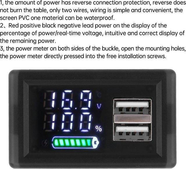 Aideepen ZFX-3079 Universal LED Voltmeter mit Dual Digital Display und USB Typ-C Schnittstelle, Schwarz, DC 9~24V Leistungsanzeige für Lithium-Säurebatterien - Bild 1
