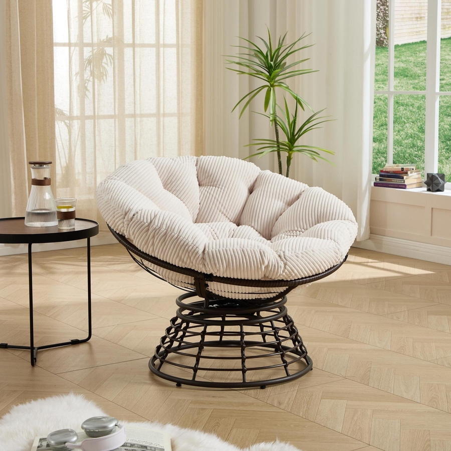 Papasan-Sessel mit 360 Grad Drehbarkeit und dickem Cordkissen in Weiß, B/T/H: 92 x 92 x 67 cm - Bild 2
