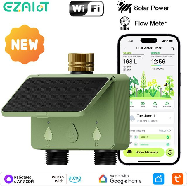 EZAIOT WLAN Smart Bewässerungstimer für den Garten, Solarbetriebener Tuya Programmierbarer 2-Zonen-Bewässerungsautomat mit Durchflussmesser in Grün - Bild 1