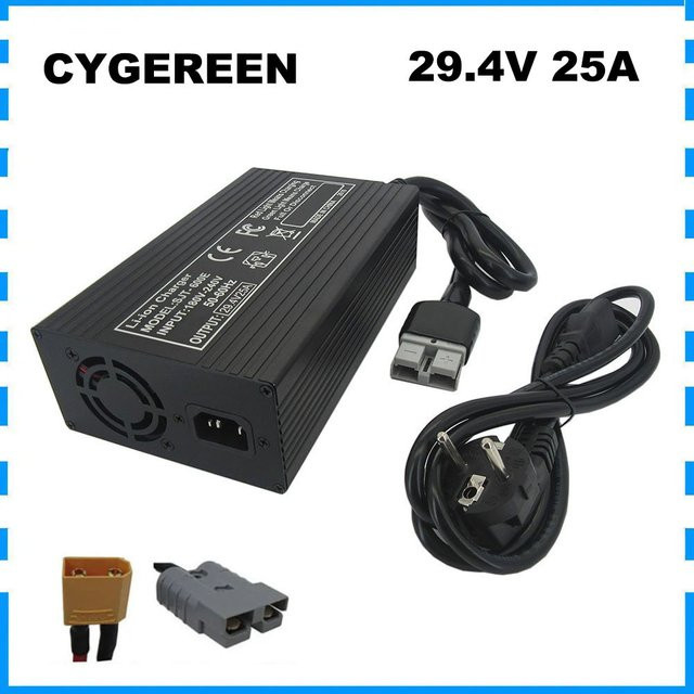 CYGEREEN Schnellladegerät 29,4V 25A für 24V 7S Lithium-Batterien mit XT90 Anschluss und Aluminiumgehäuse in Schwarz/Silber - Bild 1