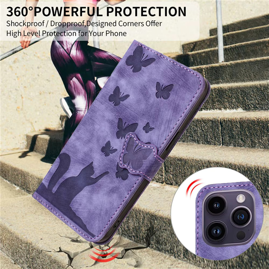 Schmetterling Katze Leder Handyhülle mit Brieftaschenfunktion und Standfunktion für Xiaomi und POCO Modelle in Rot und Lila - Bild 2