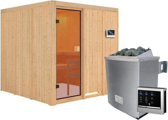 Karibu Sauna Oulu mit 9 kW Ofen, externem Steuergerät und bronzierter Glastür, Farbe Braun - Bild 1