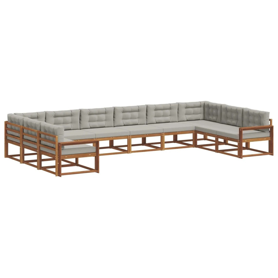 vidaXL Outdoor-Sofagarnitur aus massivem Akazienholz in U-Form, 10-teiliges Set in Natur und Hellgrau mit UV-beständigen Polsterkissen - Bild 2