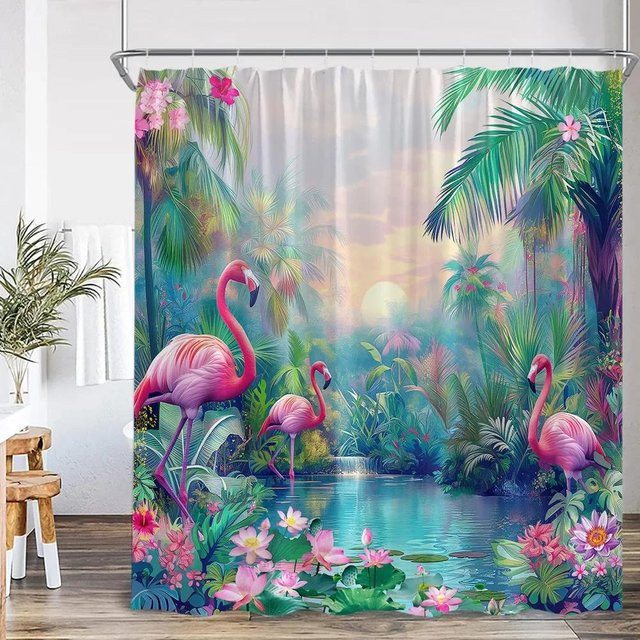 Baifenbai Home Furnishing Duschvorhang Flamingo und tropische Blätter in Rosa, B: 180 cm, H: 180 cm - Bild 1