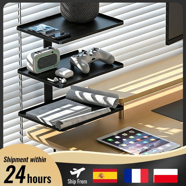 HGTUGO 3-lagiges Schreibtisch-Aufbewahrungsregal aus Metall in Schwarz zum Anklemmen mit verstellbarem Seitenregal und rutschfester Ablage - Bild 1