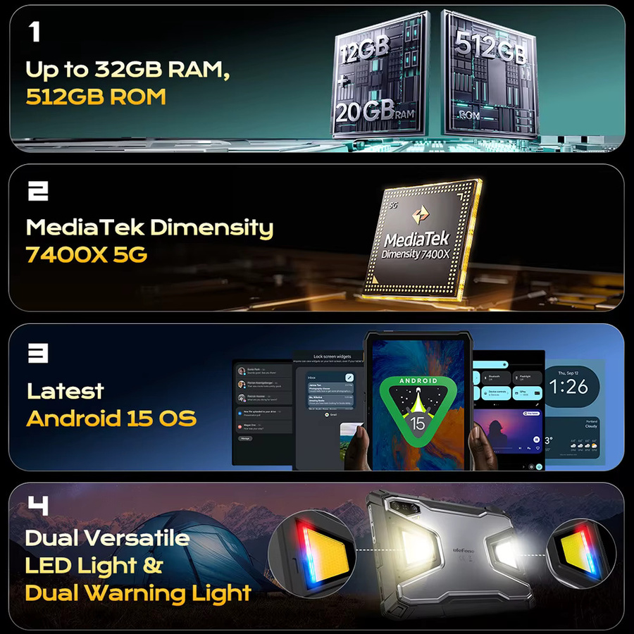 Ulefone Armor Pad 5 Ultra 5G Robustes Tablet mit Projektor, Dimensity 7400x, 12GB RAM, 512GB ROM und 24200mAh Akku mit 120W Blitzladung - Bild 4