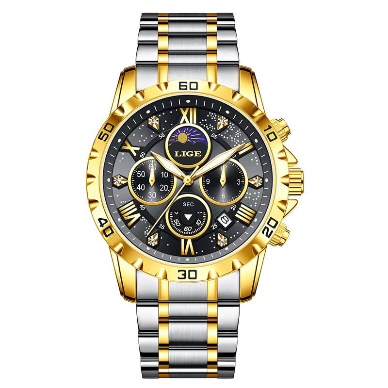 LIGE Chronograph, Quarz, Edelstahl, Schwarz, Herren - Bild 7