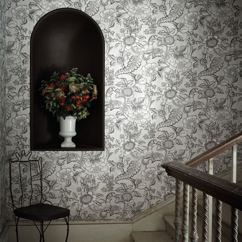 Little Greene Tapete Sackville Street Tweed in Grau mit botanischem Floral-Design aus Vlies - Bild 2