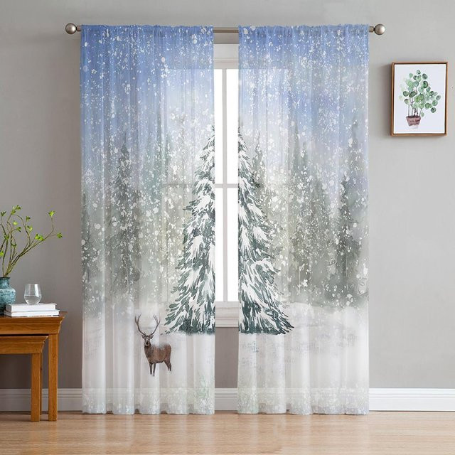 Transparentes Tüll-Fensterdekoration mit Hirsch und Schneeflocken für Weihnachten, Breite: 135 cm, Höhe: 114 cm - Bild 1