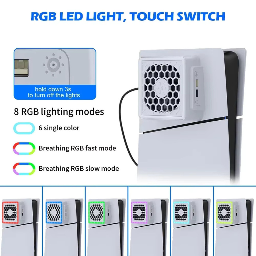 Pogopirate Seitenkühler für PS5 Slim mit LED-Beleuchtung und 2 USB-Anschlüssen in Weiß - Bild 5
