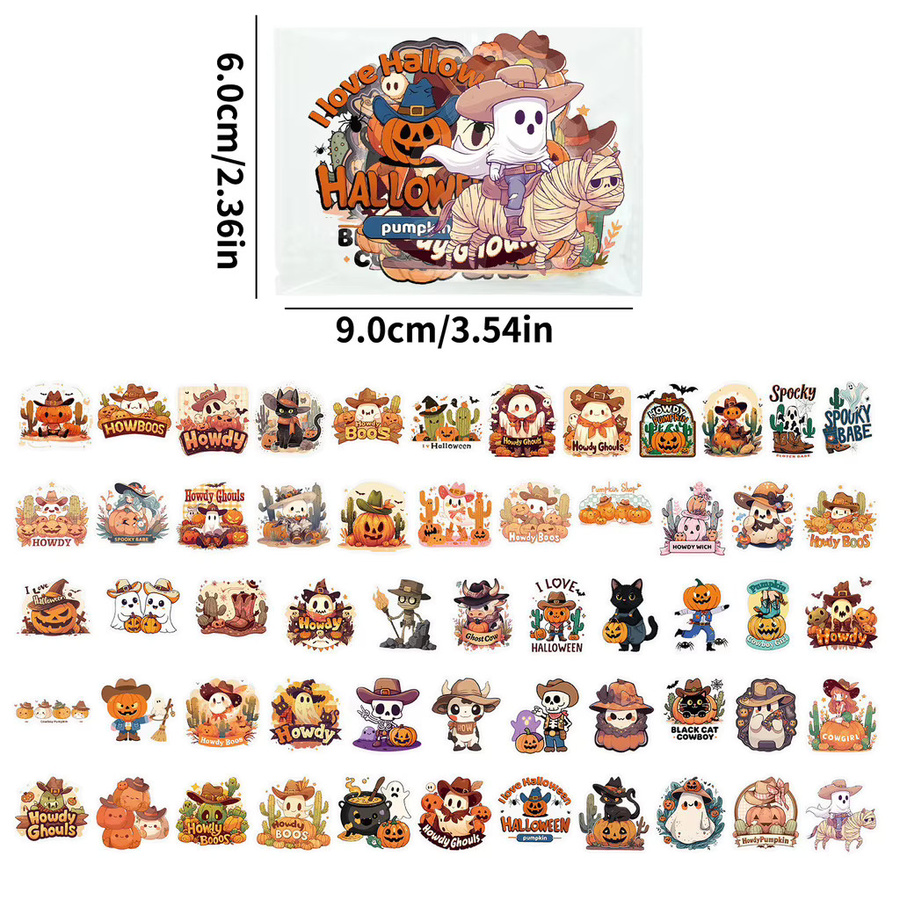 56-teiliges Set transparente PET-Aufkleber mit Halloween-Cowboy Motiven von BulingBulingStickers Store in Multicolor für DIY-Handtagebücher - Bild 3