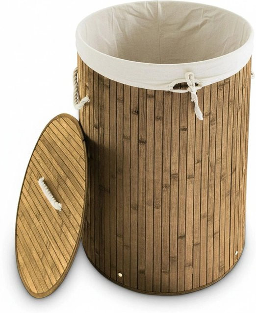 Relaxdays Wäschekorb aus Bambus in Natur, rund und faltbar mit Deckel, Farbe: Braun - Bild 1