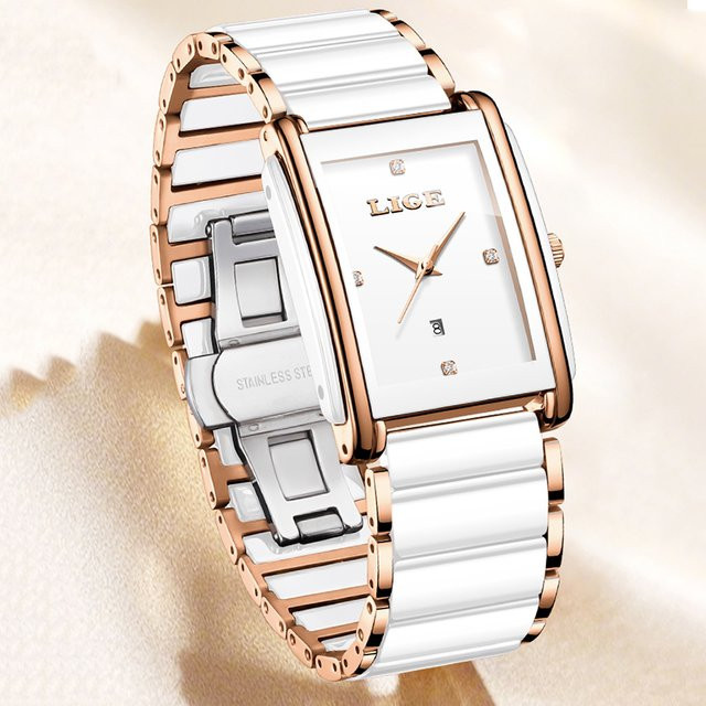 LIGE Armbanduhr Quarz, Edelstahl, Silber, Weiß, Eckig, Damen - Bild 1