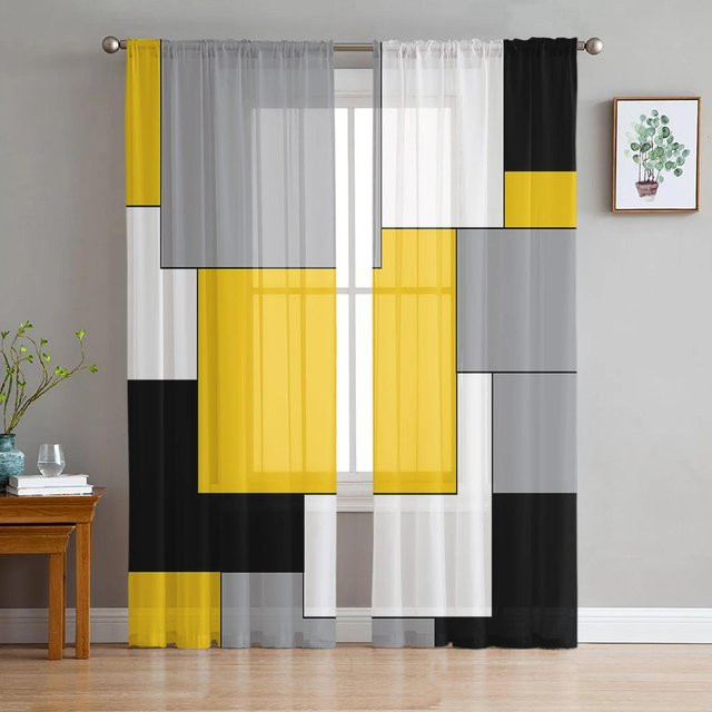 Yiran Furniture Patchwork Vorhang mit abstraktem Kunstdesign in Rot Schwarz Grau Gelb, Tüll Voile Fensterdekoration für Wohnzimmer und Küche, Breite: 135 cm, Höhe: 115 cm - Bild 1